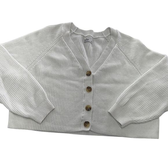 Hollister Cardigan Sweater Womens Large White Soft Ribbed Button Cropped V Neck - Picture 1 of 7